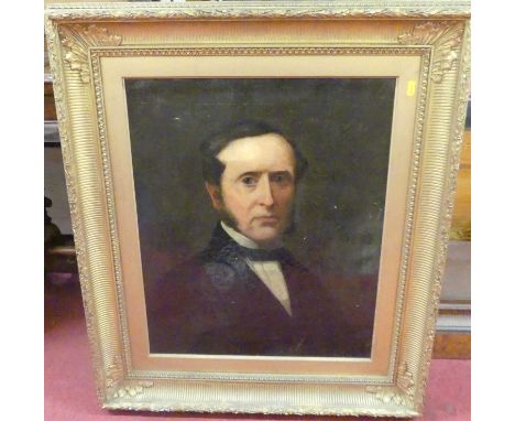 19th century English school - bust portrait of a gentleman wearing a dinner jacket and bowtie, oil on canvas, 60x50cm (varnis