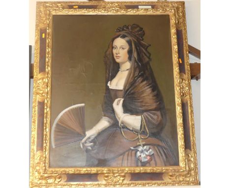 After the Old Masters - 3/4 length portrait of a young woman holding a fan, oil on canvas, 89x69cm