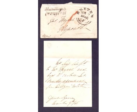 GREAT BRITAIN POSTAL HISTORY 1846 tiny envelope and letter from Exeter to Plymouth, Penny Post mark to front. 