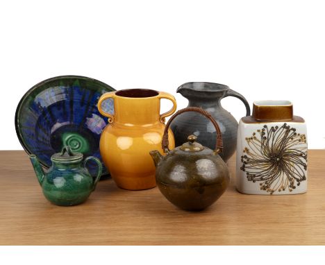 Group of ceramics and studio potteryto include: a Royal Copenhagen vase, two teapots, a large green bowl etc, with indistinct