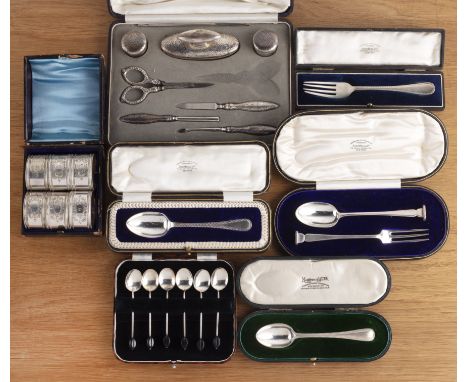 Collection of various silver and silver platecomprising a cased set of six numbered silver plated napkin rings, 4.5cm wide ov