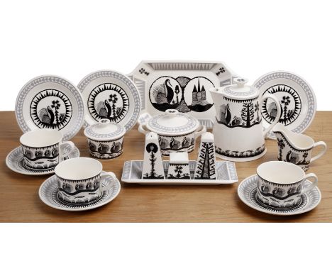 Scottie Wilson (1888-1972) for Royal Worcester Collection of ceramics in the white colourway, comprising teapot, three teacup