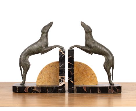 Pair of Art Deco style bookends Modelled with facing greyhounds on marble plinths, 24.5cm high approx overall, each bookend a