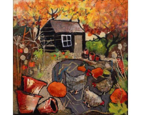 Anuk Naumann (b.1951) 'Chickens on the farm', mixed media, signed lower left, 23cm x 23cm  Overall ok with minimal display we
