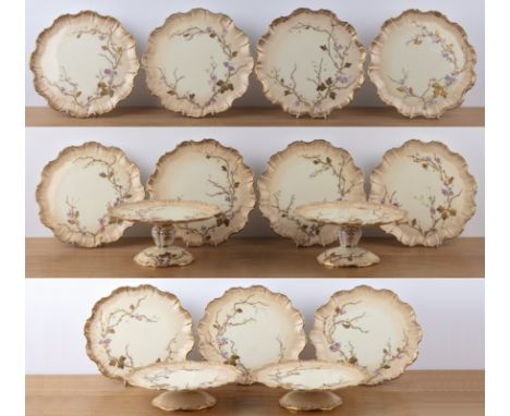 Collection of Aynsley ceramics comprising four comports and a set of eleven plates, on blush ground, with enamel painted and 