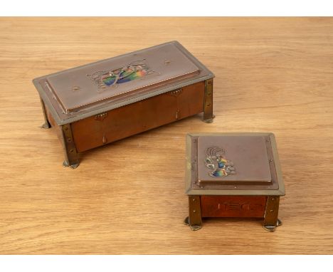 Two Art Nouveau boxes Copper and brass, with enamel decoration to the lids, the larger rectangular example with three divisio