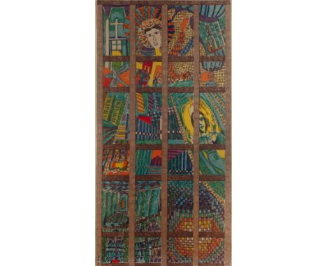 Tibor Reich (1916-1996) for Tibor Ltd Coventry Cathedral fifth anniversary (1962-1967) printed tapestry fabric panel, mounted