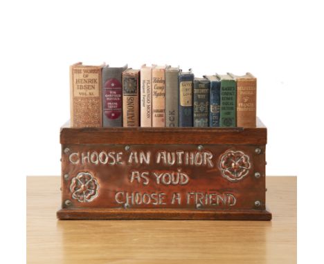 Arts & Crafts Book trough, oak with copper front inscribed 'Choose an author as you'd choose a friend', 29cm wide x 13cm high