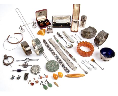 Collection of various silver and costume jewellery to include faux amber pieces, a silver cuff bangle, coin bracelet, silver 