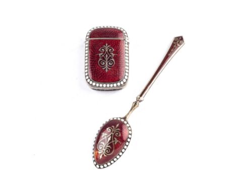 Norwegian silver and enamel vesta case the body decorated with red guilloché enamel, bearing marks for Birmingham and with No