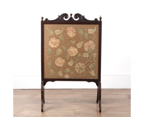 In the manner of May Morris (1862-1938) for Morris & Co Mahogany framed firescreen, with Arts and Crafts style inset embroide