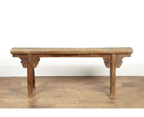 Chinese style Temple bench, with shaped supports, standing on splayed legs, 132cm wide x 52cm high, the top 15cm deep, the ov