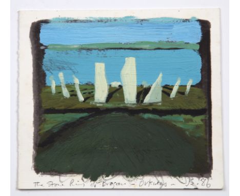 John Edwards (1938 - 2009) 'The stone ring Brodgar (Orkneys)', mixed media, mounted onto a Christmas card addressed to Bernar