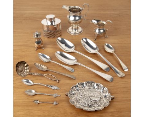 Group of various silver To include: a silver tea caddy and cover, 8cm high approx, two jugs, various spoons, berry spoon, sal