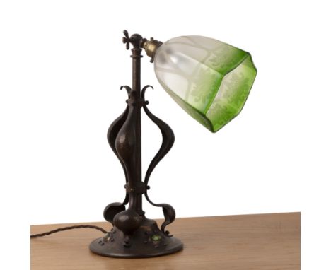 Art Nouveau style Copper lamp, with green etched glass shade, the footrim marked 'Walmer 1908 - 2nd Singles & Doubles', 37cm 
