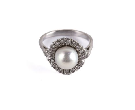 Diamond and pearl cluster ringin unmarked white metal mount, size K  5g approx overall. At present, there is no condition rep