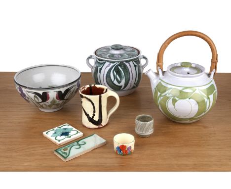 Collection of studio ceramics comprising an Alan Caiger-Smith at Aldermaston teapot, with green brushstrokes on a white groun