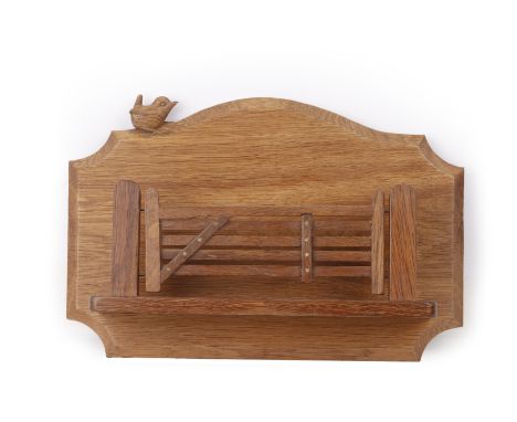 Wrenman (Bob Hunter of Thirlby) Oak, letter rack, in the form of a five bar gate with a carved wren, 30.5cm wide overall x 20