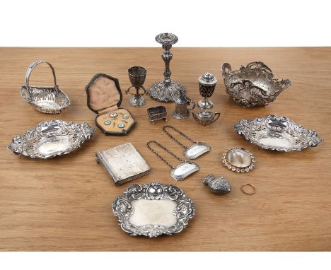 Group of various silver to include: Dutch silver miniature tankard, a miniature white metal model of a crib, two white metal 