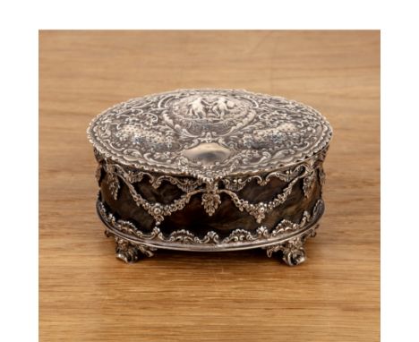 Decorative tortoiseshell silver-mounted box the lid decorated with two figures and foliate decoration, bearing indistinct hal