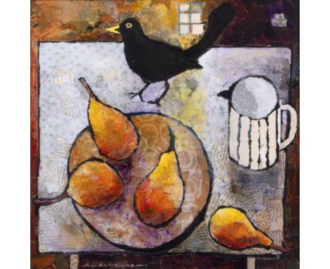 Anuk Naumann (b.1951) 'Blackbird amongst fruit', mixed media, signed lower left, 29cm x 29cm  With minimal display wear to th