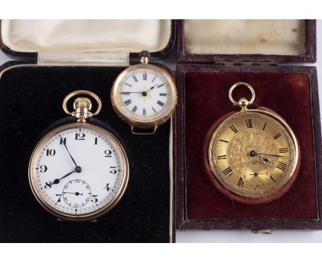 Three pocket watches the first a 9ct gold cased example, the white enamel dial with subsidiary dial and Arabic numerals, the 