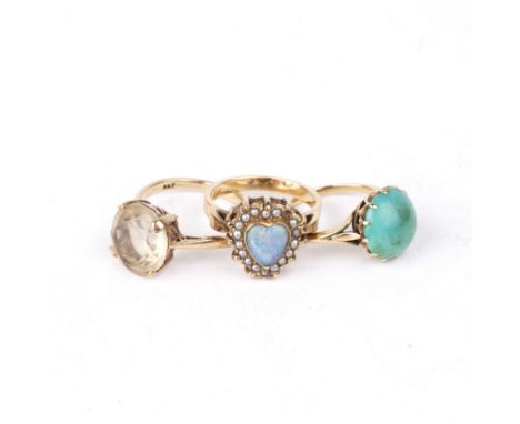 Three dress ringsThe first a heart shaped opal doublet and pearl cluster ring, the yellow metal mounts stamped '375', size L,