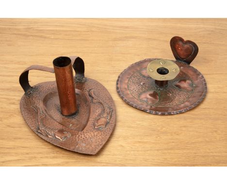 Attributed to J & F Pool Ltd of Hayle Cornwall Arts and Crafts copper chamber stick with two handles, with fish and hammered 