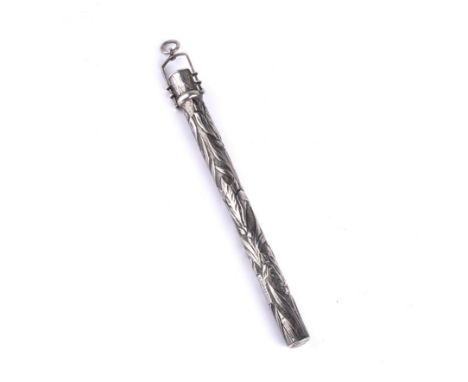 Sampson Mordan & Co Silver thermometer case, decorated with leaves and scrolling foliage, bears inscription 'E Biss, Bedford,