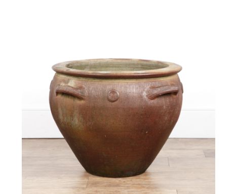 Svend Bayer (b.1946) Large studio pottery planter, woodfired, with an impressed mark above one handle and applied Maze rounde