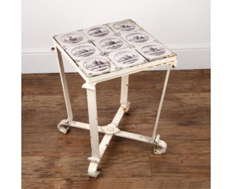 20th Century  White painted wrought iron table with Delft tile inset top, 55cm high overall, the top of the table 40cm x 40cm