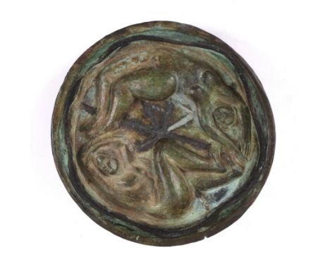 Modernist School 'O Fortuna La La La', bronze dish, decorated in the centre with two nude women and with another nude woman t