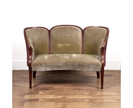 Edwardian sofa Mahogany frame, with contemporary cheetah print upholstery, standing on square tapering legs terminating in sp