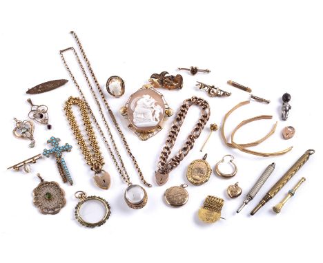 Group of jewelleryto include: a 9ct gold gate style bracelet with heart padlock clasp, a cameo brooch in precious yellow meta