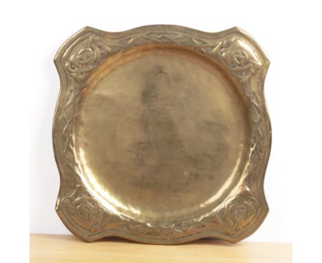 Arts & Crafts Celtic style brass dish, with knot design to each corner, unmarked, 37.5cm across  At present, there is no cond