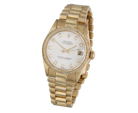Rolex. A lady’s gold and diamond-set automatic wristwatch with date and bracelet, Ref. 6824, Datejust, circa 1973. Movement: 