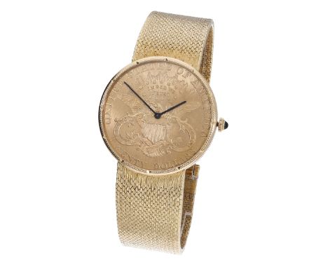 Corum / Movado. A gold Twenty Dollar coin watch, circa 1995. Movement: quartz, 6 jewels. Dial: gold American 1904 twenty doll