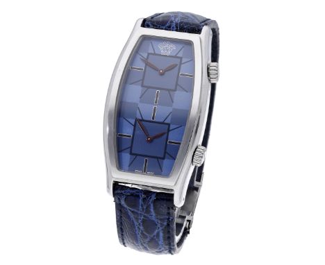 Versace. A stainless steel tonneau-form dual time zone wristwatch, No. 302, circa 2000. Movement: dual quartz movements. Dial