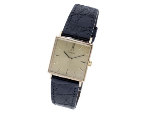 Omega. A gold square wristwatch, Ref. 1061, circa 1974. Movement: cal. 625, manual winding, no. 35946890. Dial: gilt, applied