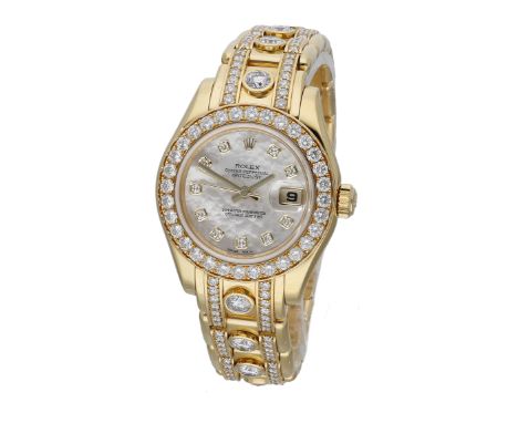 Rolex. A lady’s gold and diamond-set automatic wristwatch with mother-of-pearl dial, date and bracelet, Ref. 80298, Pearlmast