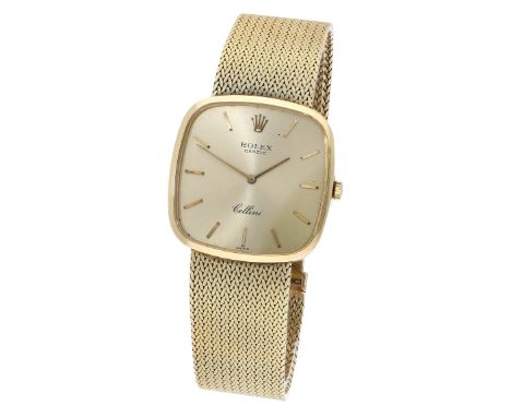 Rolex. A gold cushion-form bracelet watch, Ref. 4114, Cellini, circa 1977. Movement: cal. 1091, manual winding, 19 jewels. Di