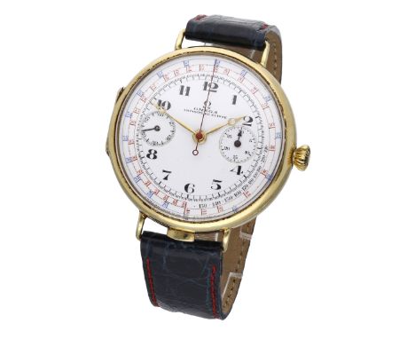 Omega. A rare gold oversized single button chronograph wristwatch, Ref. KOT 741 AL, circa 1920. Movement: jewelled manual win