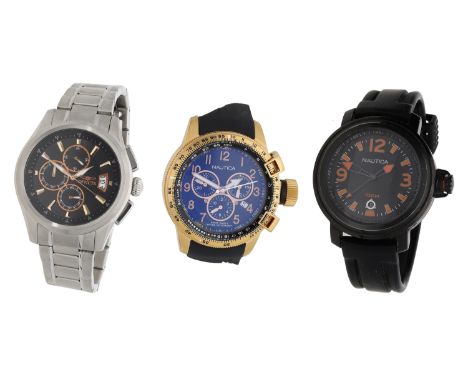 Invitca & Nautica. Two chronograph wristwatch together with another watch, circa 2015. Movements: quartz. Dials: black. Cases