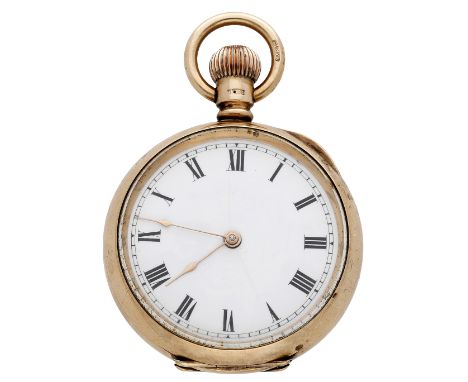 Waltham. A small gold open-faced watch, 1908. Movement: lever escapement, 17 jewels, no. 15296087. Dial: white enamel, Roman 