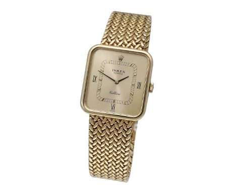 Rolex. A gold rectangular bracelet watch, ref. 4332, Cellini, circa 1975. Movement: cal. 1601, manual winding, 19 jewels. Dia