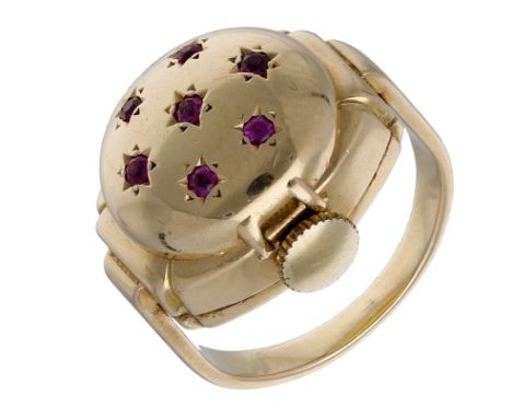 Nadine. A lady’s gold and ruby-set ring watch, circa 1950. Movement: manual winding, 17 jewels. Dial: silvered, applied Arabi