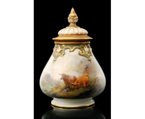 A Royal Worcester pot pourri and spire cover panel decorated by Harry Stinton with Highland cattle in a mountainous landscape