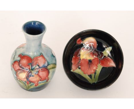 A small Moorcroft vase of globe and shaft form decorated in the African Lily pattern, height 9cm together with a small Frille