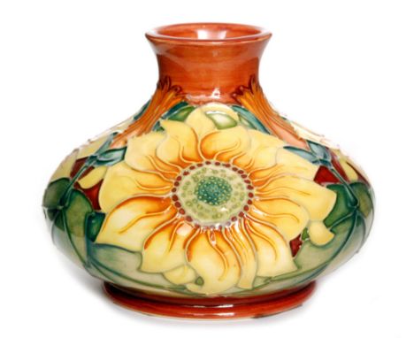 A Moorcroft Pottery vase of compressed form decorated in the Sunflower pattern designed by Rachel Bishop, impressed marks, si