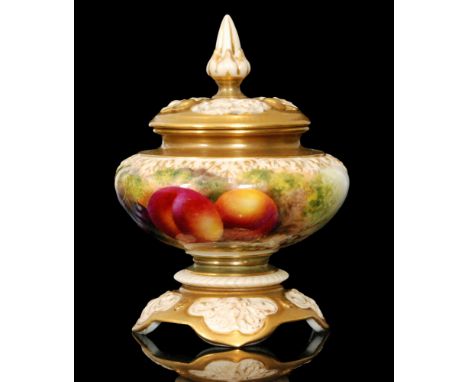 A Royal Worcester Fallen Fruits pedestal pot pourri panel decorated by E. Townsend with hand painted peaches and cherries, th